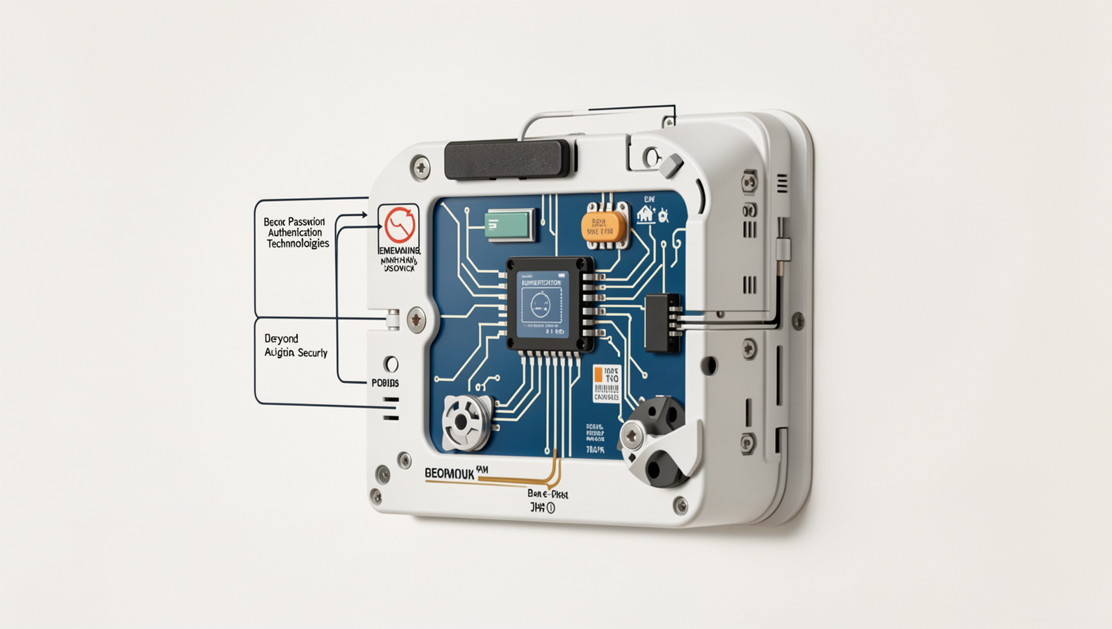 Illustration of various authentication technologies including biometrics and multi-factor systems.