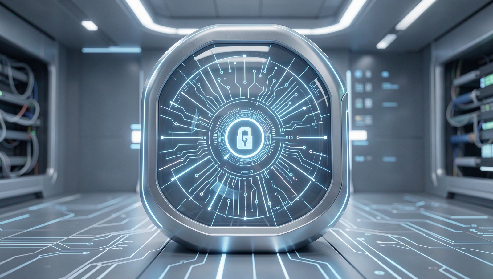 Futuristic digital security trends illustration with advanced technology elements.
