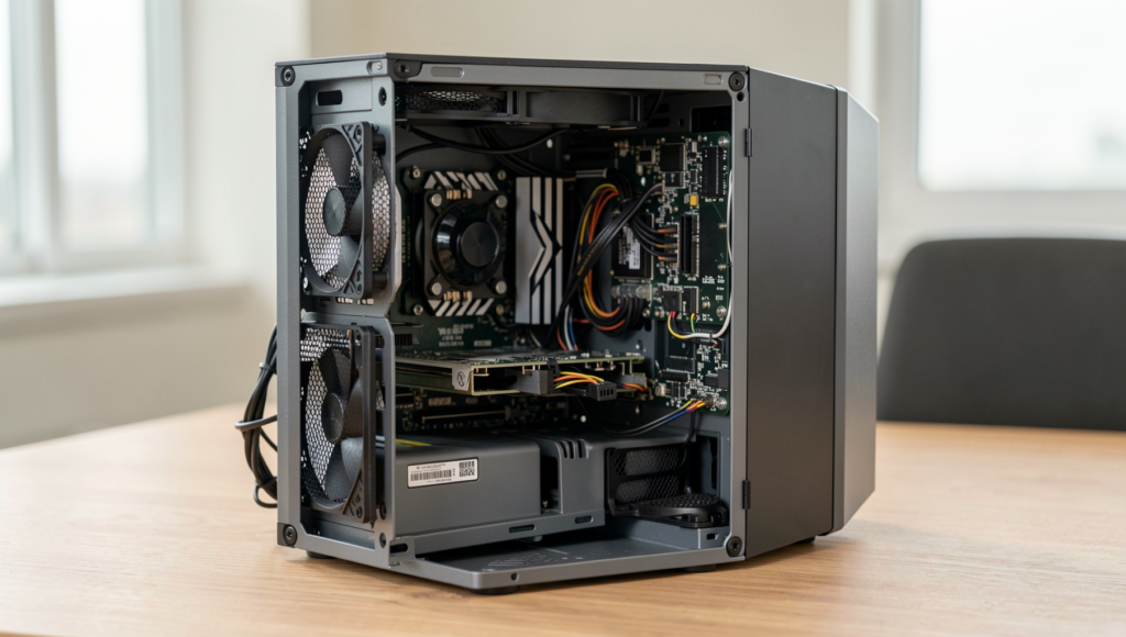Close-up of essential computer hardware components in a well-lit environment.