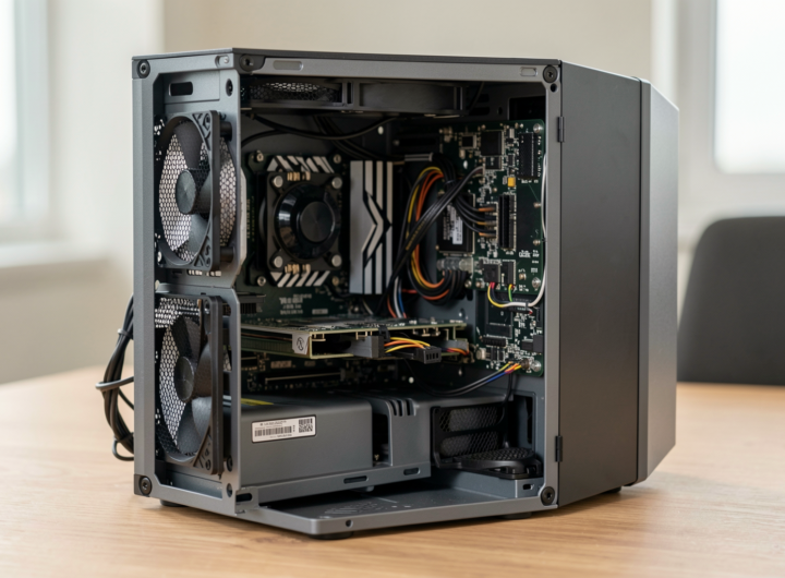 Close-up of essential computer hardware components in a well-lit environment.