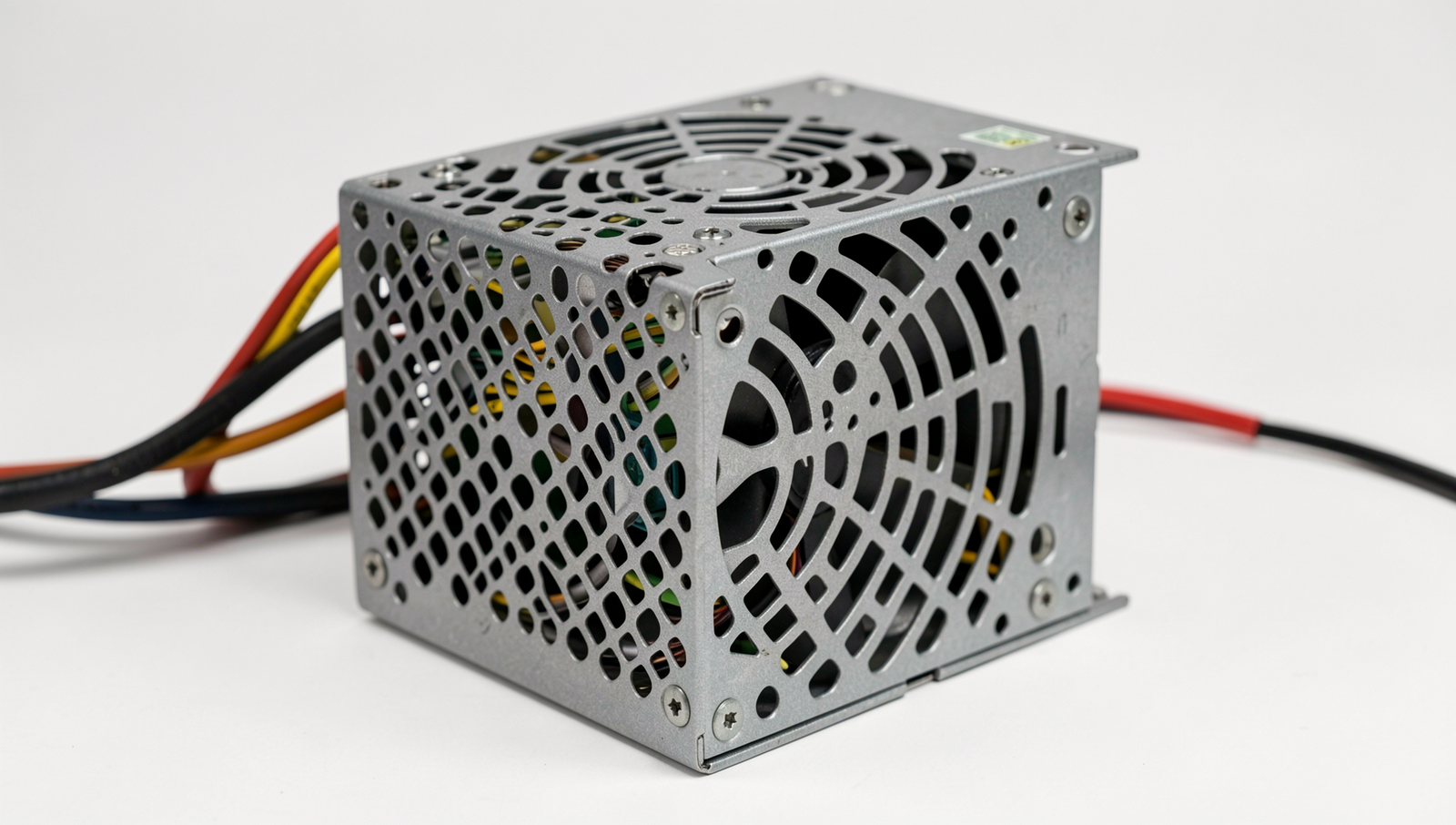 Close-up of a power supply unit with detailed cables and realistic lighting.