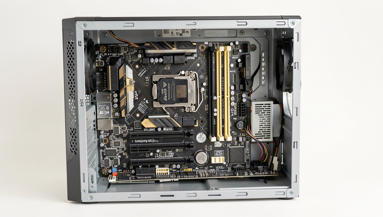 Open computer case showcasing a detailed motherboard with natural lighting.