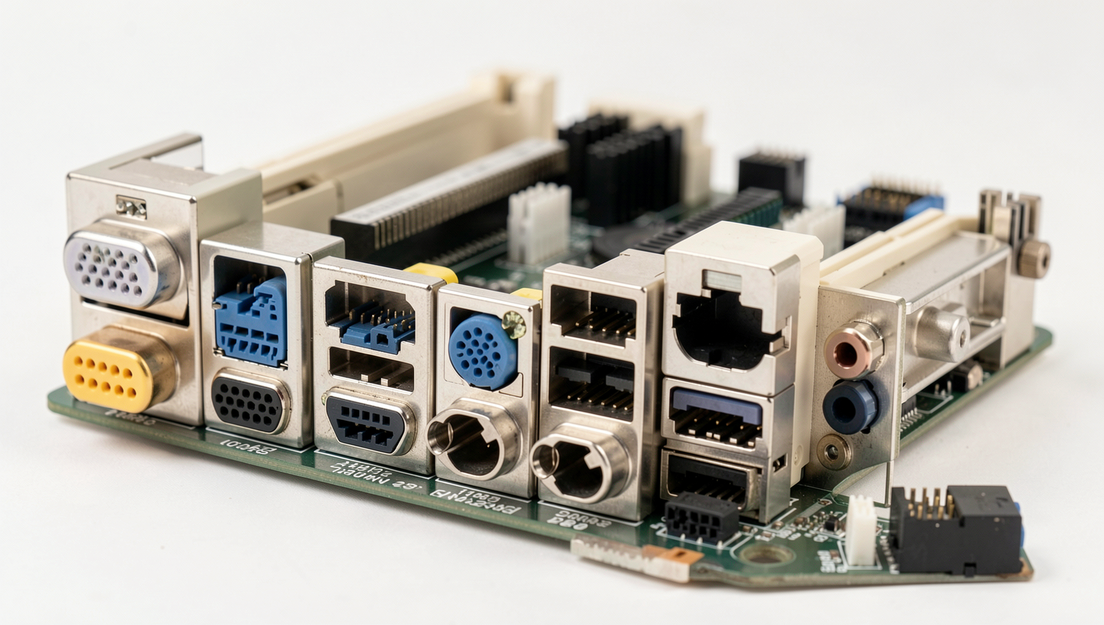 Close-up of various computer ports and connectors on a motherboard.