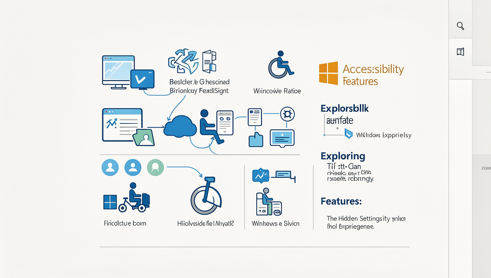 Illustration of various accessibility features in Windows with realistic details.