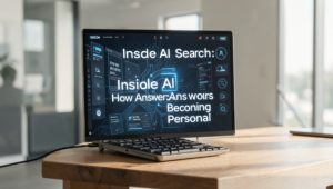 A professional editorial photo depicting AI search technology in a modern workspace.