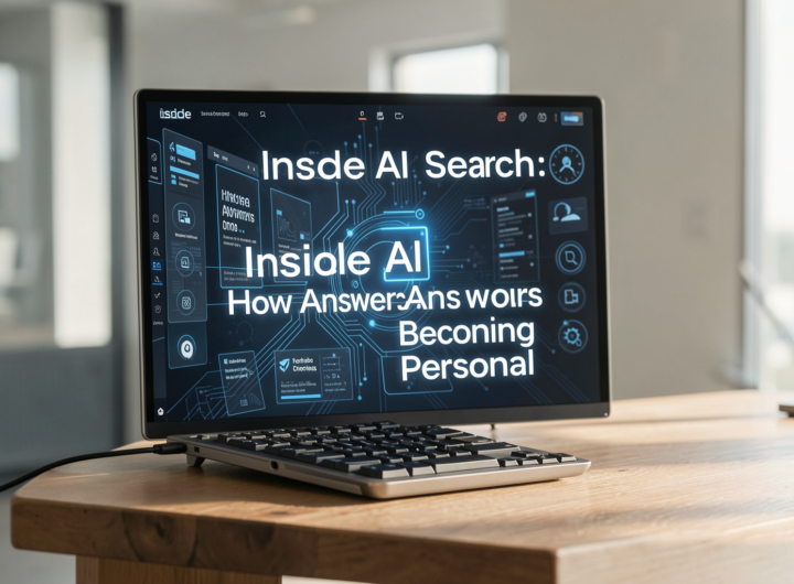 A professional editorial photo depicting AI search technology in a modern workspace.