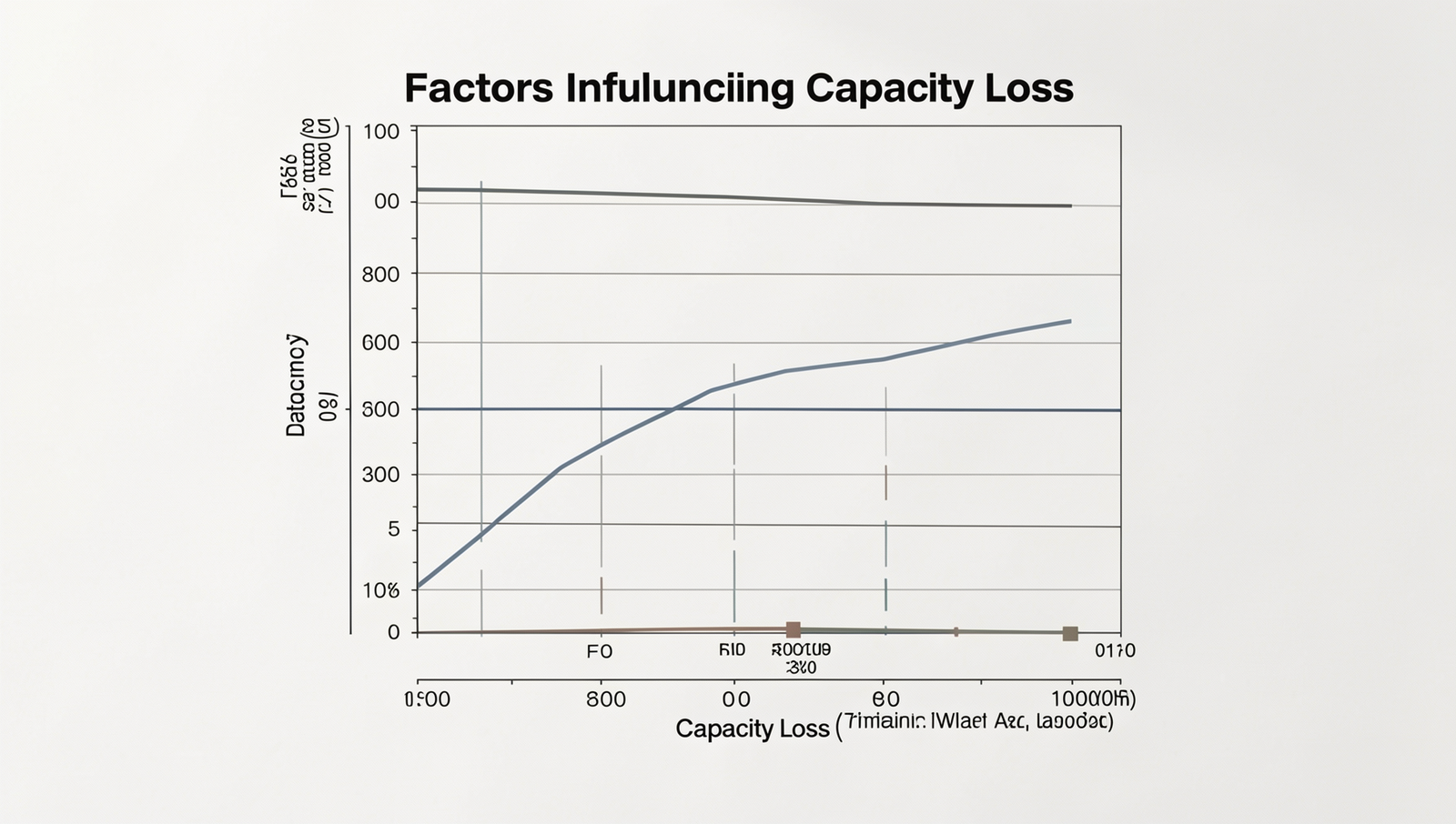 Graph illustrating capacity loss over time under varying conditions for batteries.