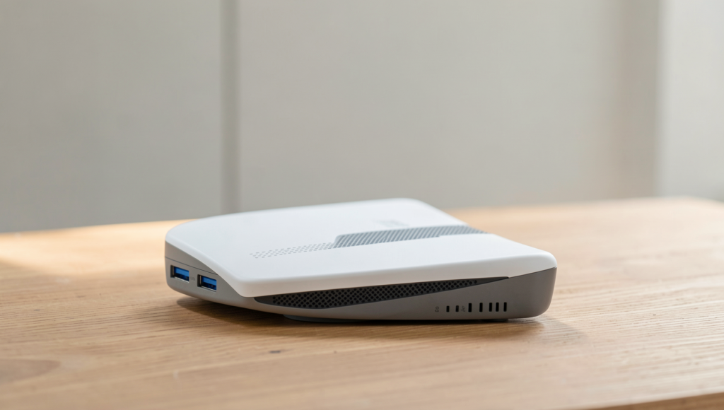 A detailed view of a WiFi router and smartphone in a modern home setting.