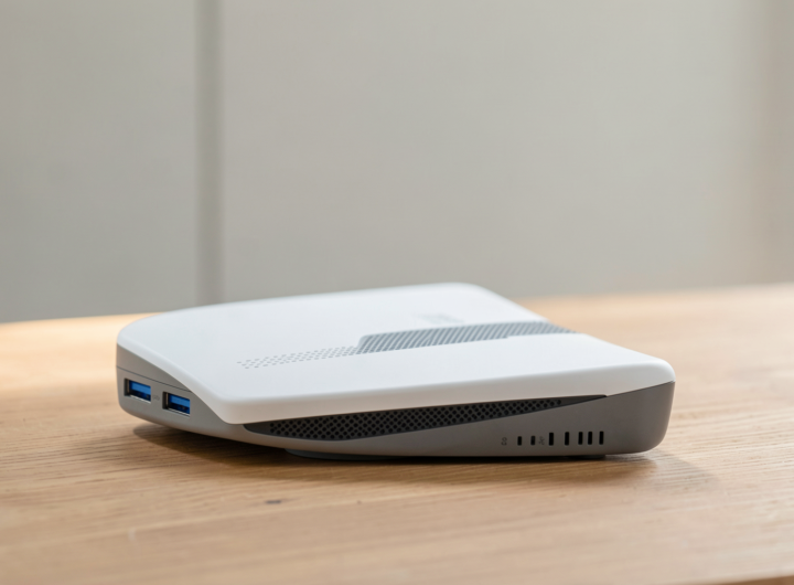 A detailed view of a WiFi router and smartphone in a modern home setting.