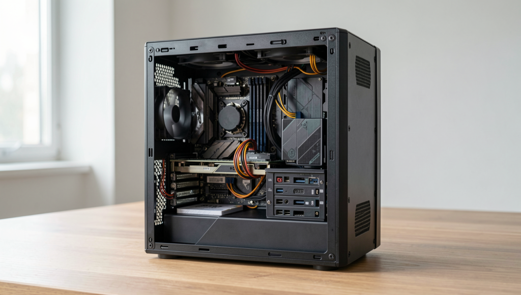 Interior view of a computer showcasing storage components and wiring in detail.