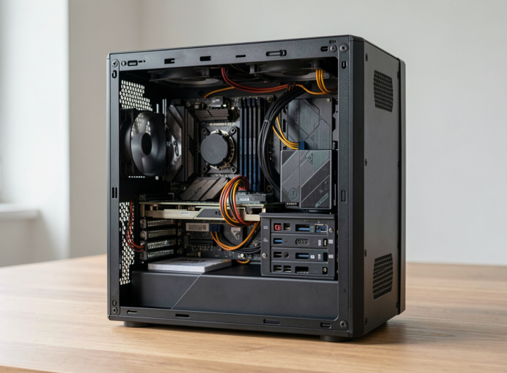Interior view of a computer showcasing storage components and wiring in detail.