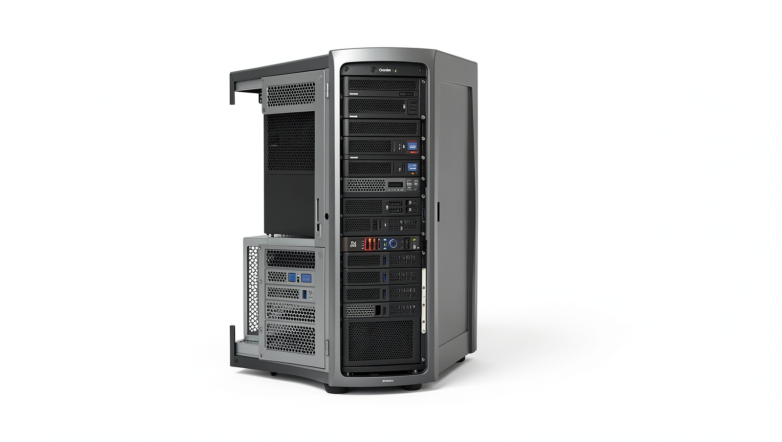 Detailed illustration of various storage types inside a PC, showcasing HDDs, SSDs, and more.