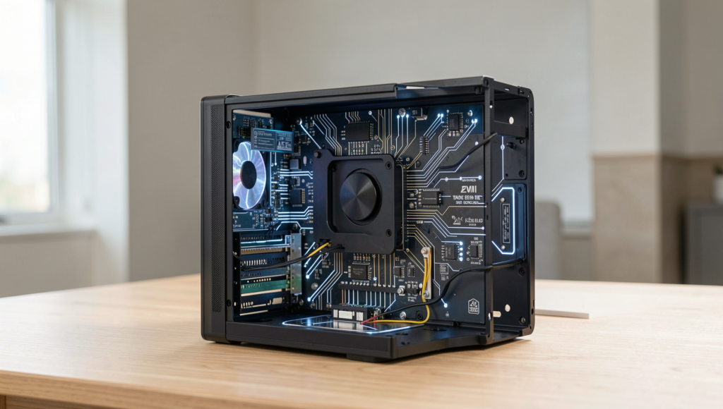 Close-up of various tech devices showcasing intricate components and connections.