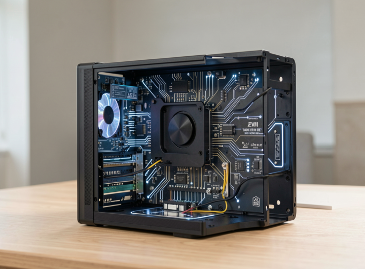 Close-up of various tech devices showcasing intricate components and connections.