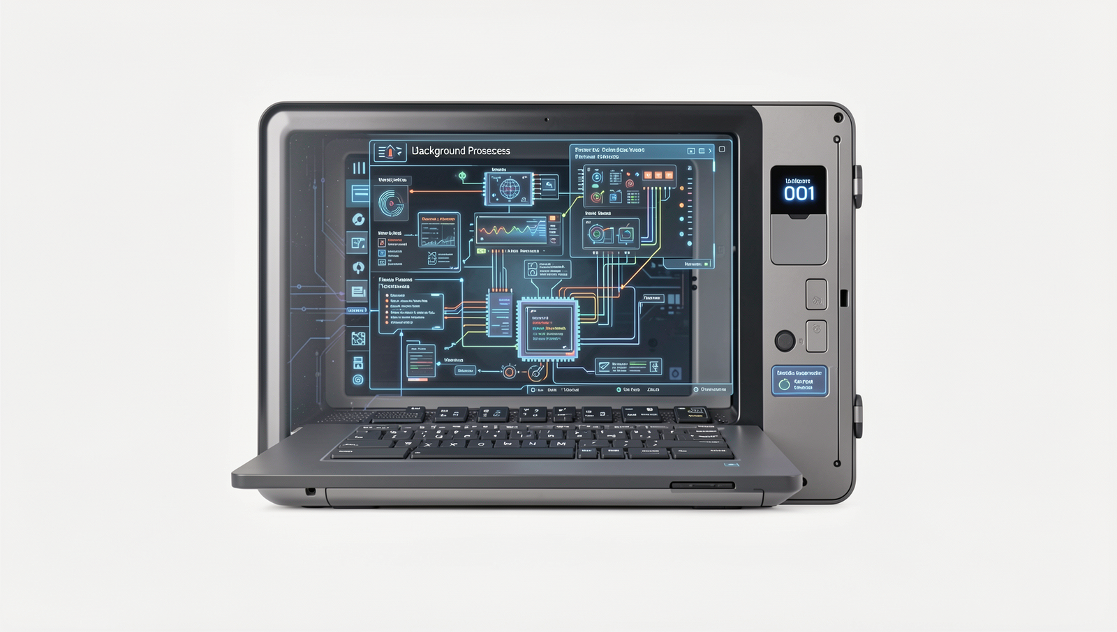 Detailed illustration of background processes in electronic devices with realistic lighting.