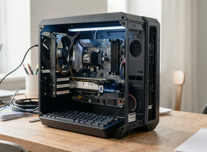 A tech detective examining a slow computer in a modern office setting.