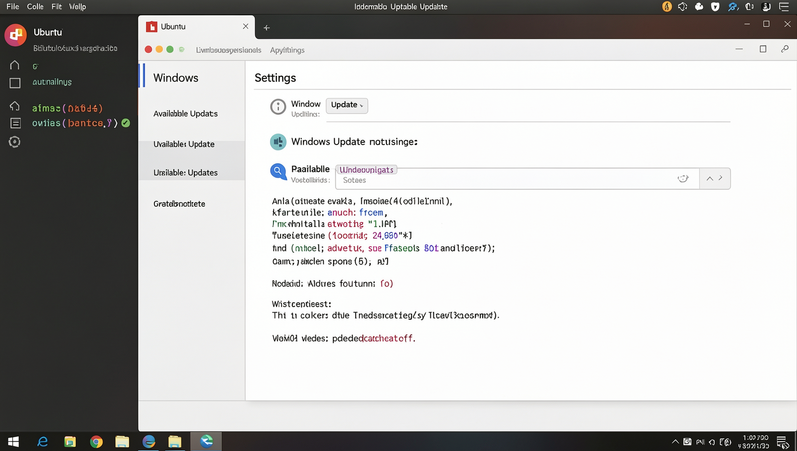 Linux desktop showing Windows Update settings with available updates listed.