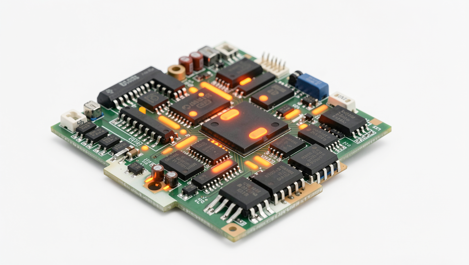 Detailed diagram of electronic components with heat indicators for heat production analysis.