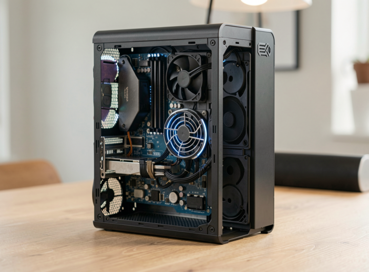 A modern workspace featuring an upgraded old PC with sleek accessories and natural lighting.