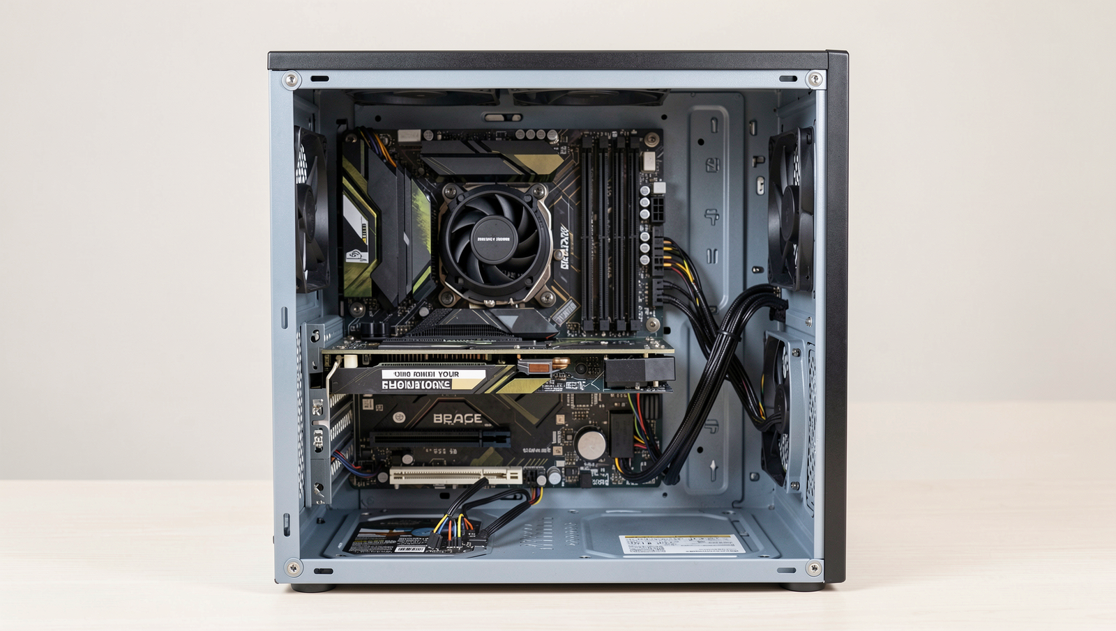 Open PC case showcasing detailed hardware components for upgrades.