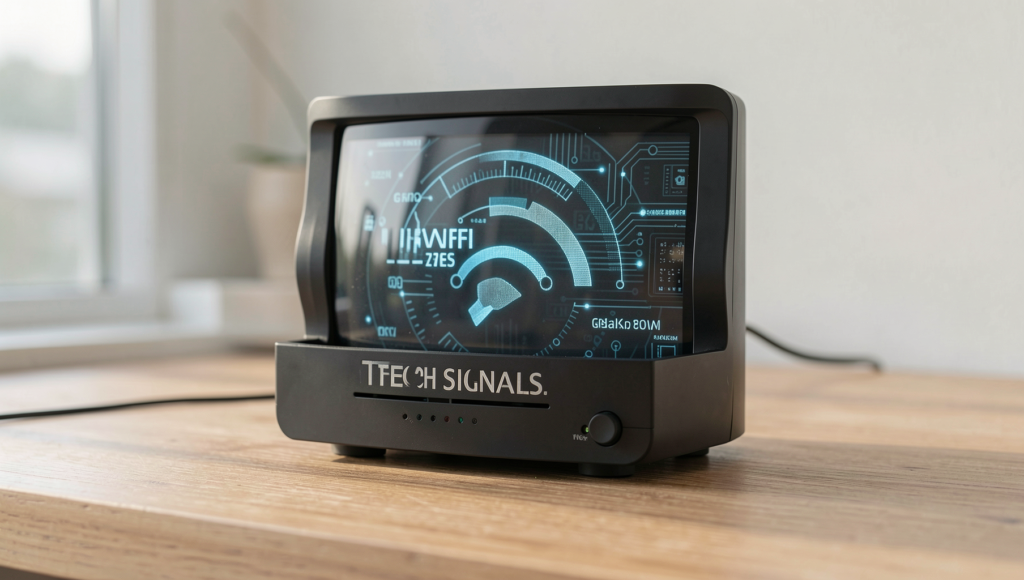 Close-up of a WiFi router with signal waves in a modern home setting.