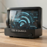 Close-up of a WiFi router with signal waves in a modern home setting.