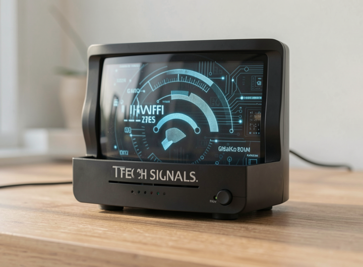Close-up of a WiFi router with signal waves in a modern home setting.