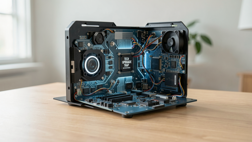 A high-end tech workspace showcasing outdated hardware amidst new tech gadgets.