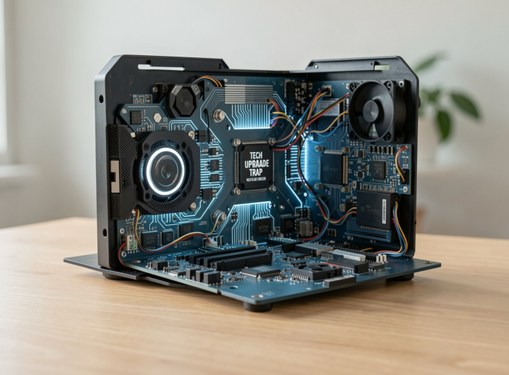 A high-end tech workspace showcasing outdated hardware amidst new tech gadgets.