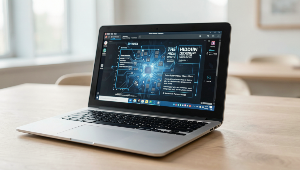 Close-up of a modern laptop showcasing intricate internal components and cooling systems.