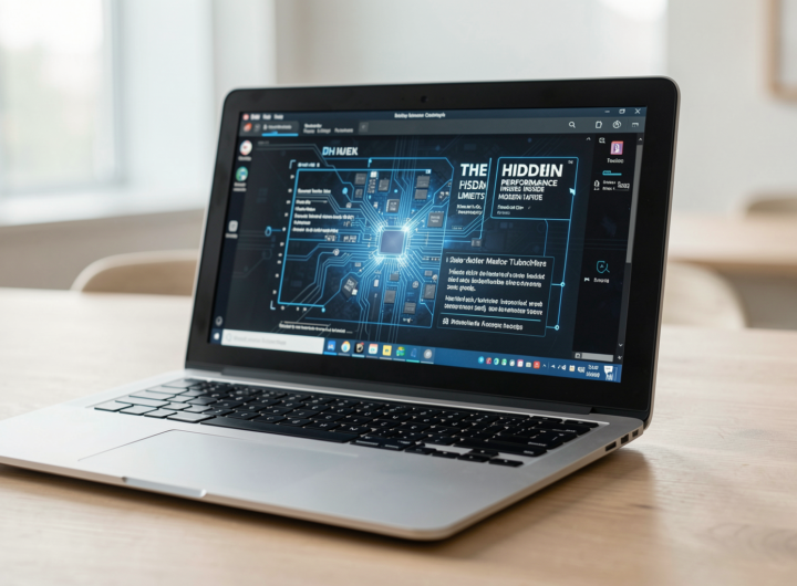 Close-up of a modern laptop showcasing intricate internal components and cooling systems.