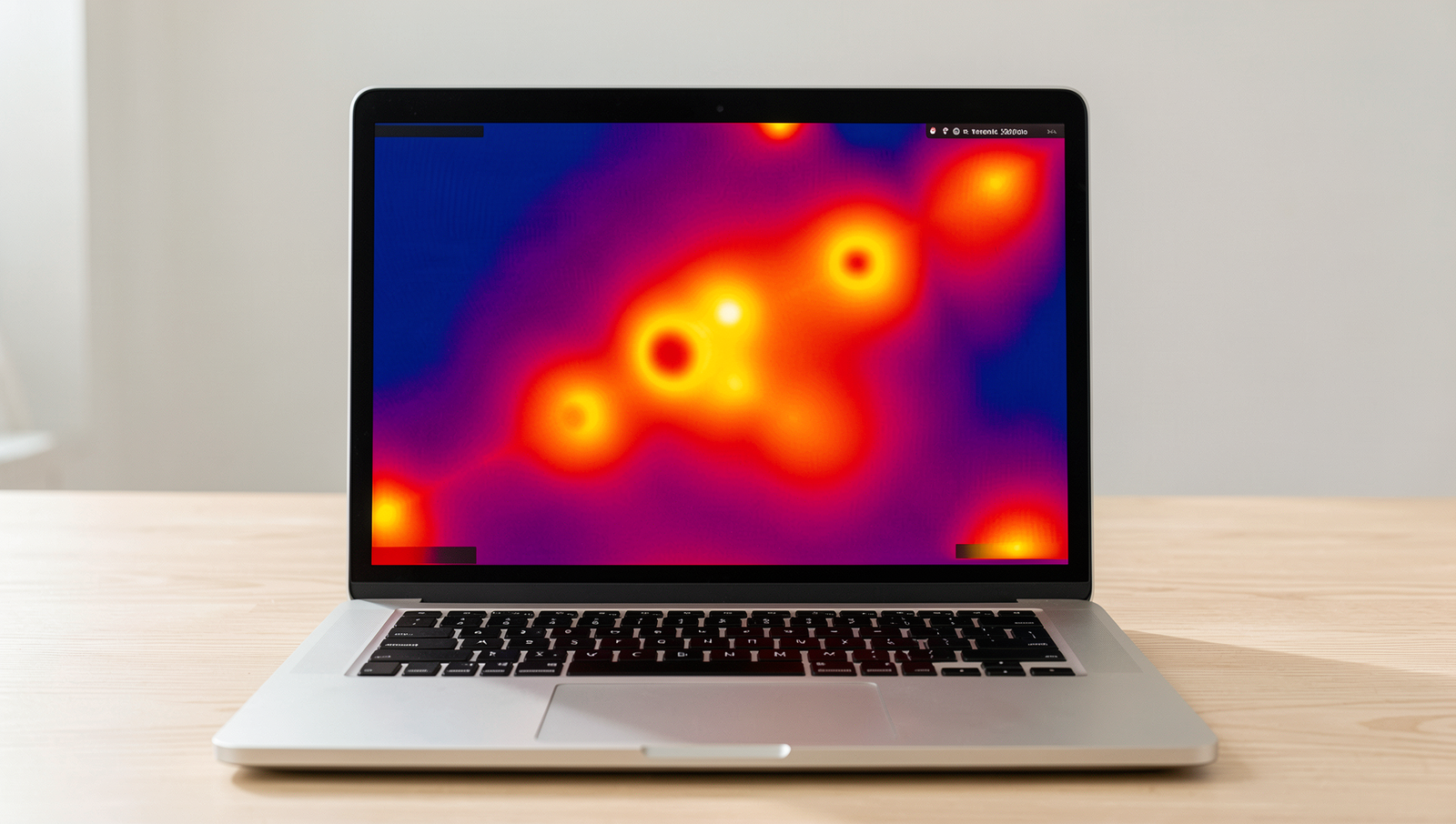 Laptop displaying thermal imaging with visible hotspots for performance analysis.