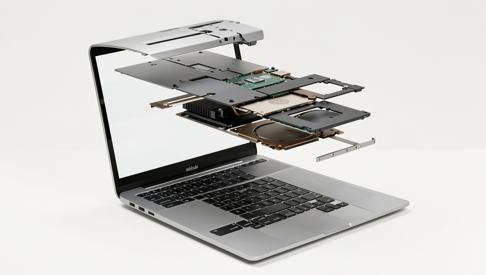 Exploded view of a laptop showcasing internal components and hardware layout.