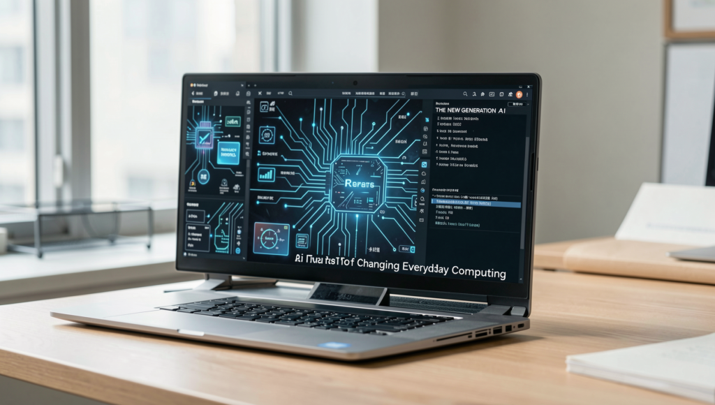 Photorealistic image showcasing advanced AI tools in a modern workspace.