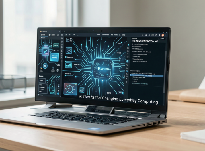 Photorealistic image showcasing advanced AI tools in a modern workspace.
