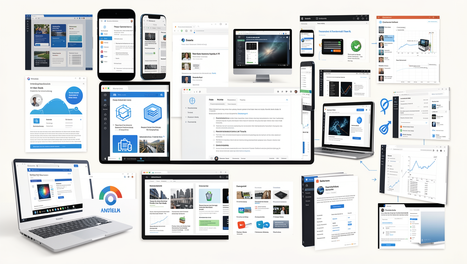 Collage of various AI tools and applications in everyday computing.