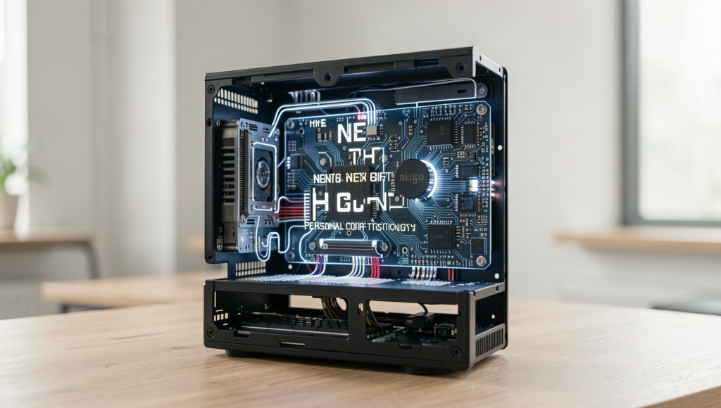 Photorealistic image depicting advanced personal computer technology in a modern setting.