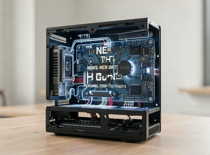 Photorealistic image depicting advanced personal computer technology in a modern setting.