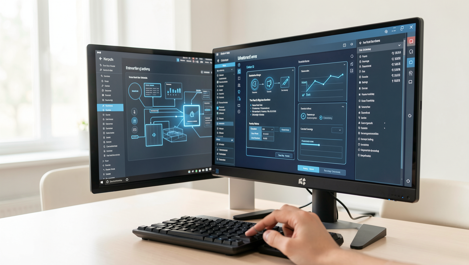User interacting with advanced PC interfaces in a modern workspace.