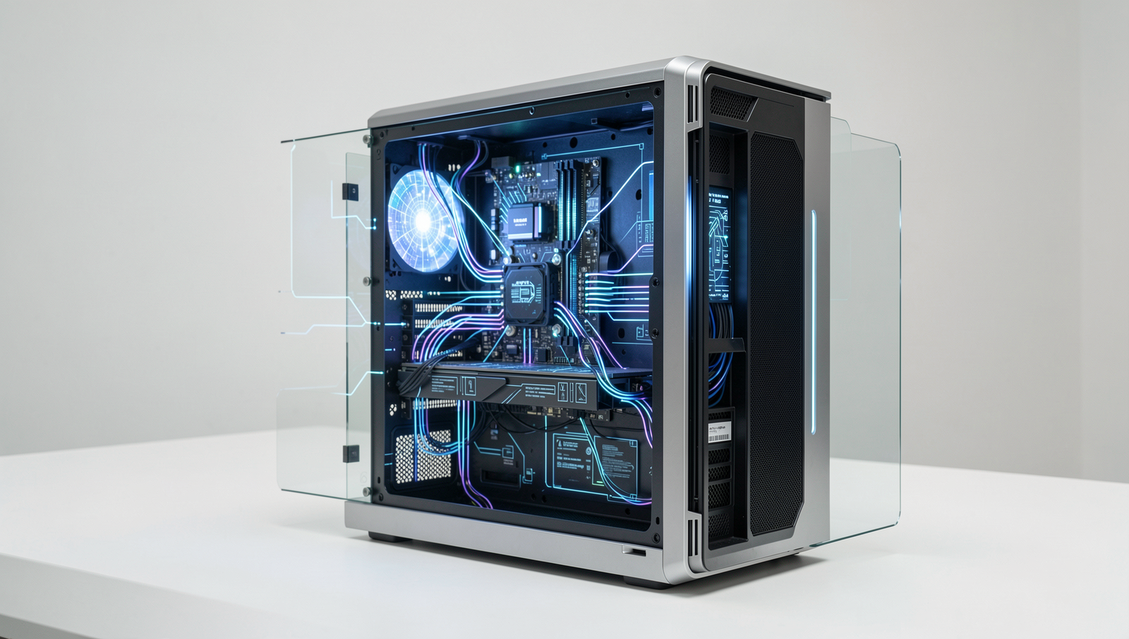Futuristic PC connectivity illustration with advanced technology and natural lighting.