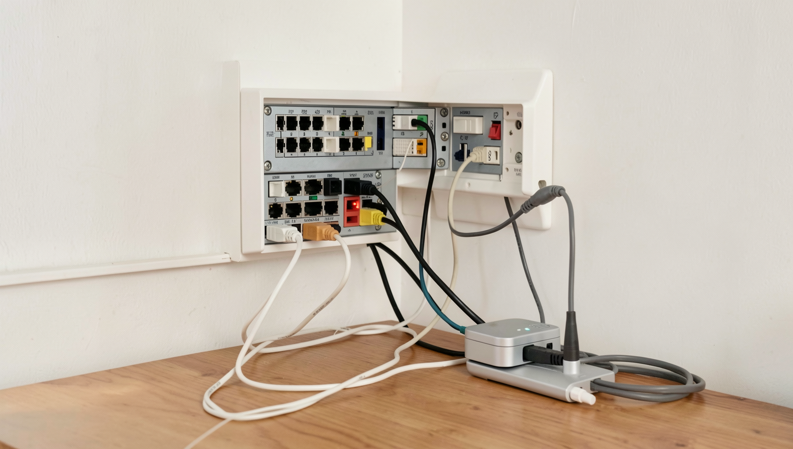 Detailed home network setup with router, modem, and connected devices in natural light.
