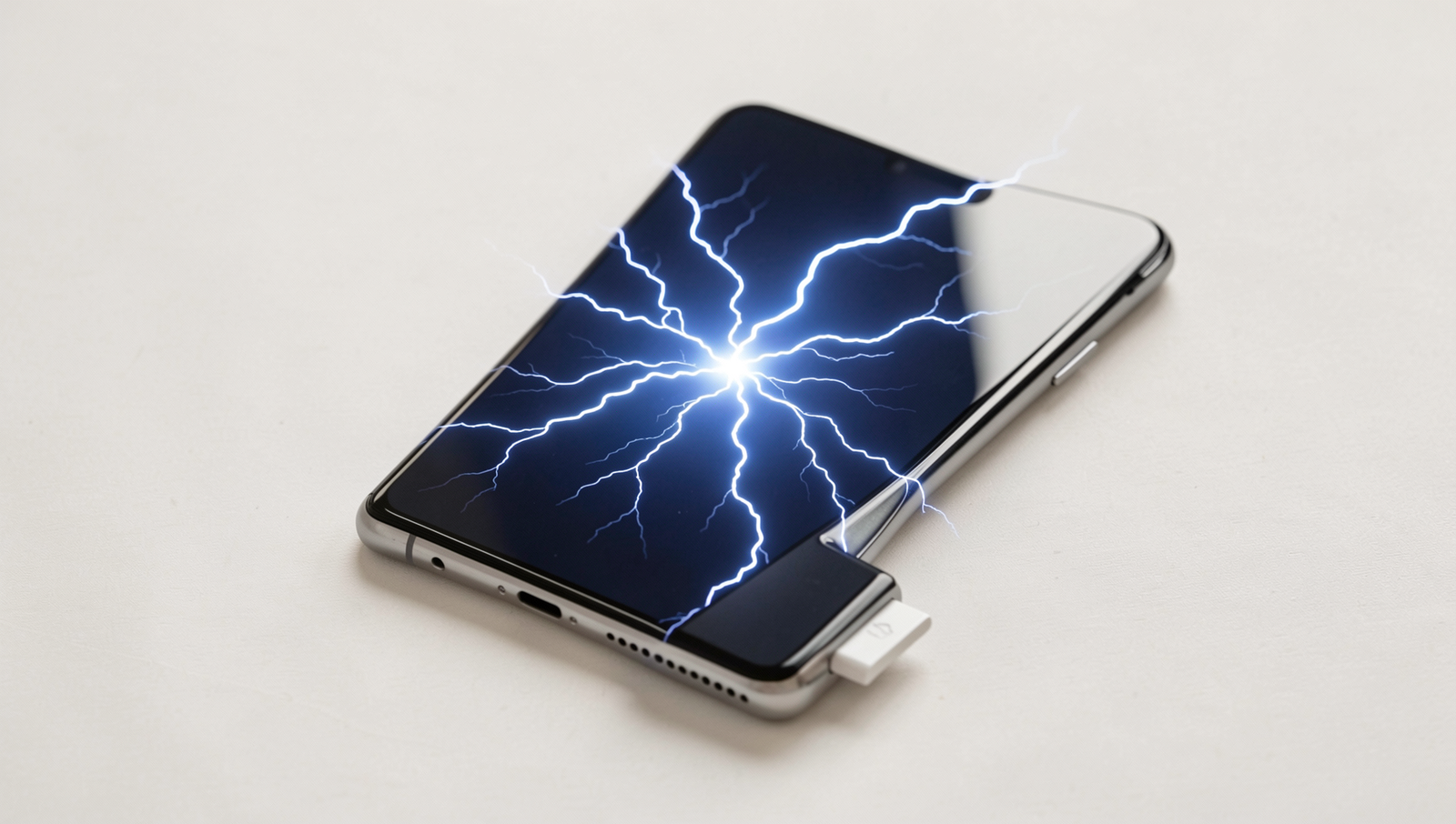 Smartphone charging rapidly with a lightning bolt effect in natural lighting.