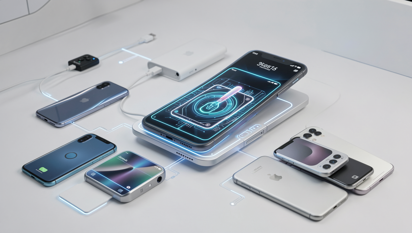 Futuristic charging technology concept showcasing various devices in natural lighting.
